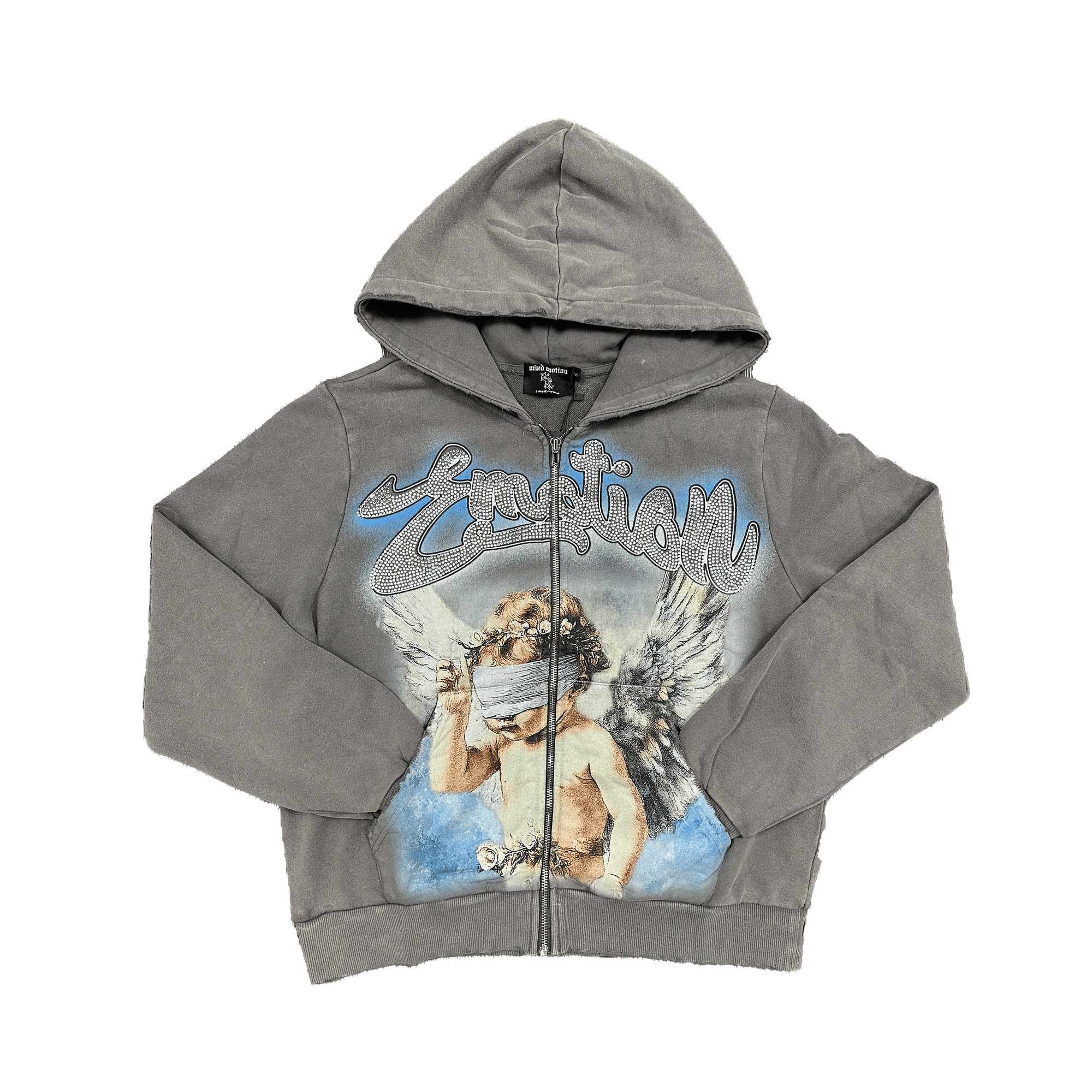 6211DB34-9B6A-4AB1-B1F5-F9599A35EE4B Mixed Emotional Brand Grey Rhinestone Hoodie